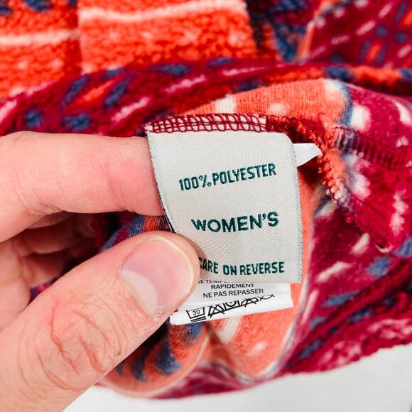 LL Bean Fleece Sweater Womens XL Cozy Cottage Funnel Neck Fair Isle Pullover Red - Picture 9 of 14